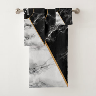 Custom Letter Bath Towel Set Black White Marble