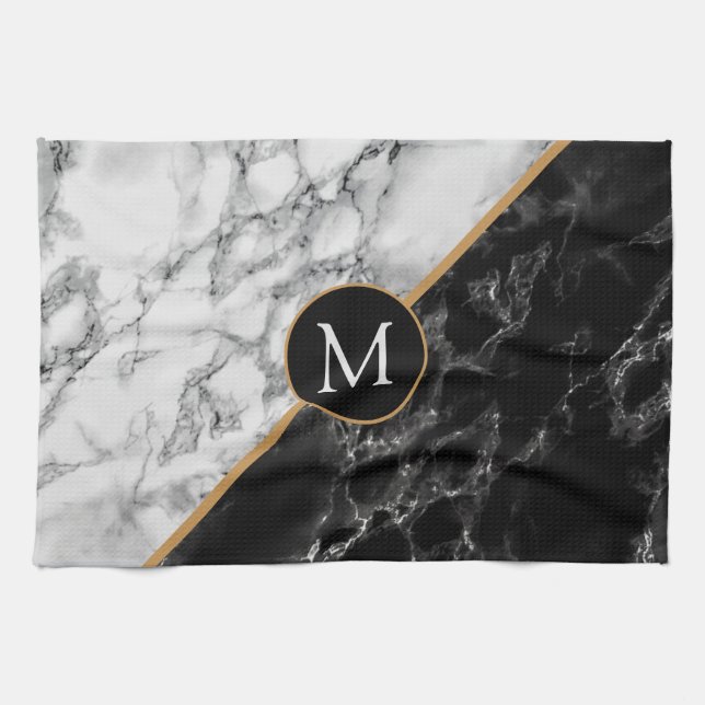 Custom Letter Black White Marble Kitchen Towels (Horizontal)