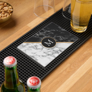 Custom Letter Monogram Black White Marble Bar Mat
