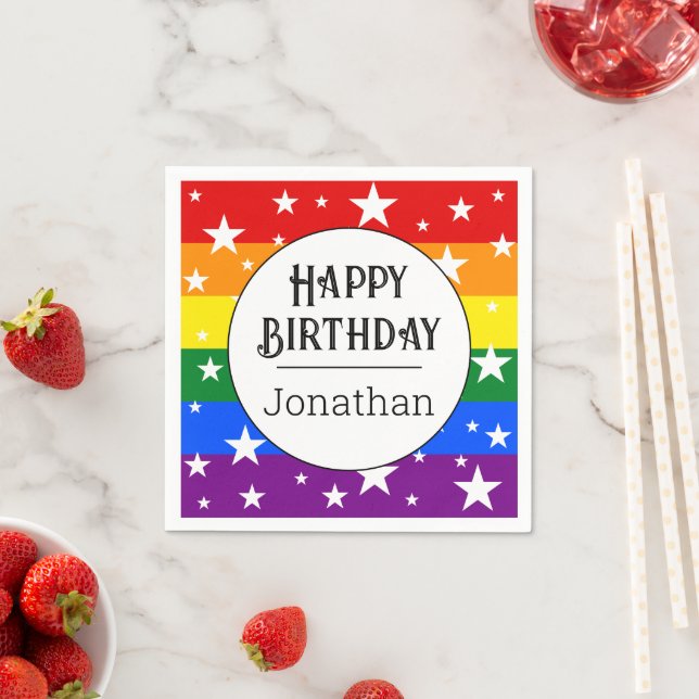Custom LGBTQ Rainbow Birthday Party Name Napkins (Insitu)