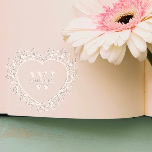 Custom Library Book Monogram above Flowery Heart  Embosser