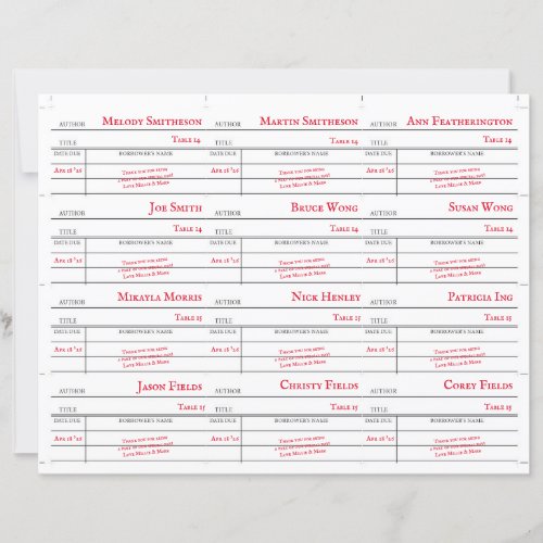 Custom Library Checkout Card Table Number Cards