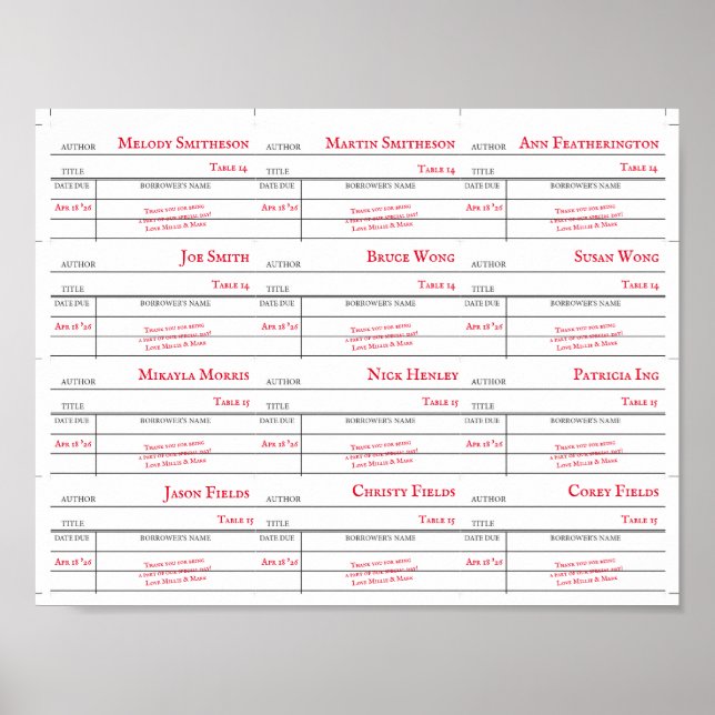 Custom Library Checkout Card Table Number Cards Poster (Front)