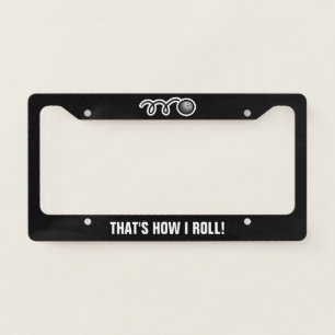Custom license plate frame with black bowling ball