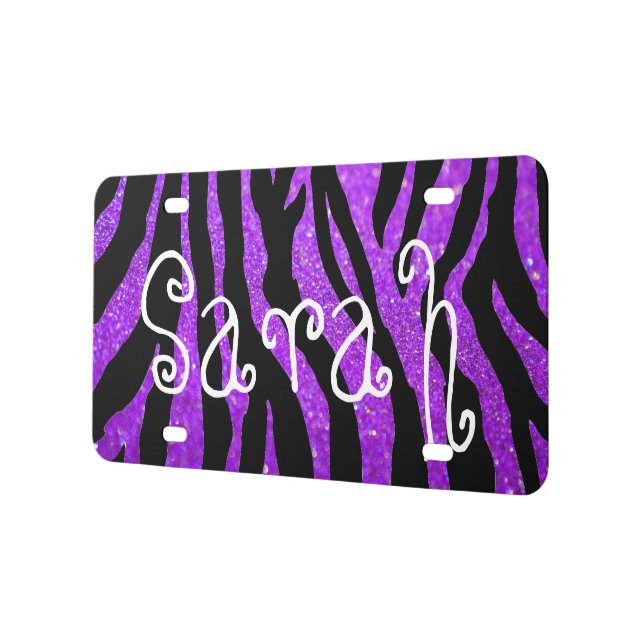 Custom License Plate - Glitter Zebra Name Purple (Left)