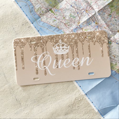Custom License Plate Queen Crown Glitter Drip Gold