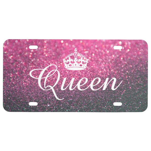 Custom License Plate - Queen Crown Glitter Pink (Front)