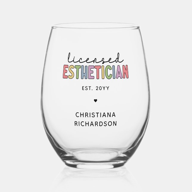 Custom Licensed Esthetician Cosmetologist Stemless Wine Glass (Front)