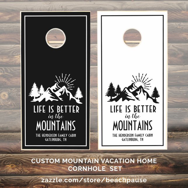  Custom Life Is Better Mountains Quote Black White Cornhole Set (Creator Uploaded)