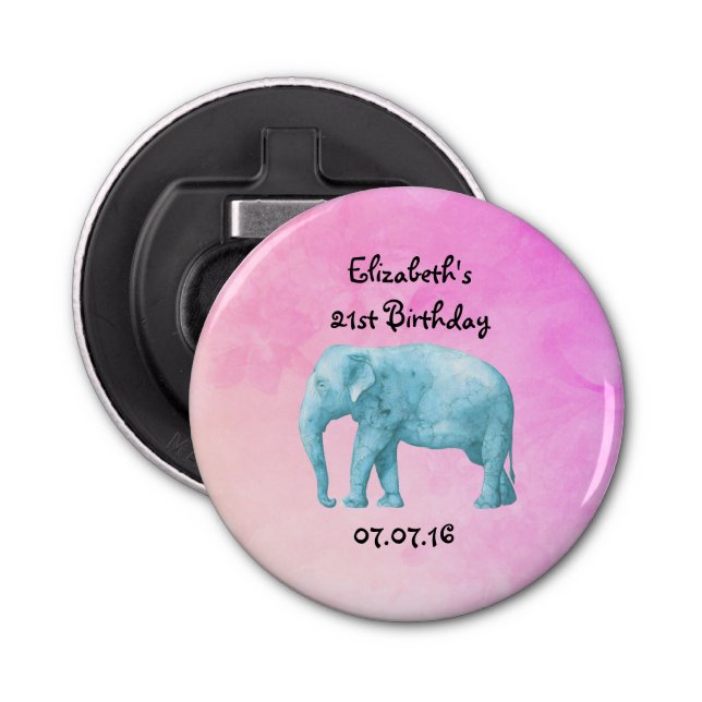 Custom Light Blue Elephant in Watercolor Birthday Bottle Opener (Front)
