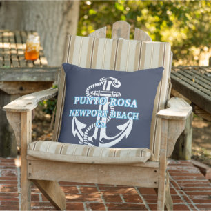Custom Light Blue Name White Anchor On Dark Blue Outdoor Pillow