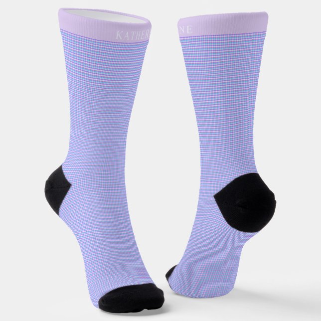 Custom Light Blue Pink Purple Checkered Pattern Socks (Angled)
