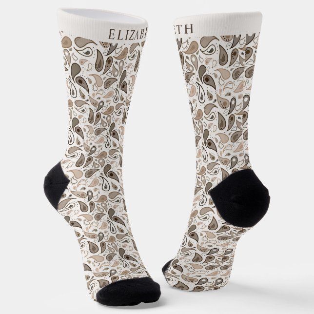 Custom Light Cream Beige Brown Paisley Pattern Socks (Angled)