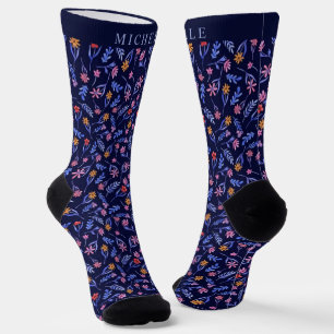 Custom Light Dark Blue Floral Pink Flowers Pattern Socks