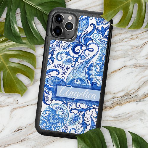 Custom Light Dark Blue White Floral Paisley Art iPhone 13 Case