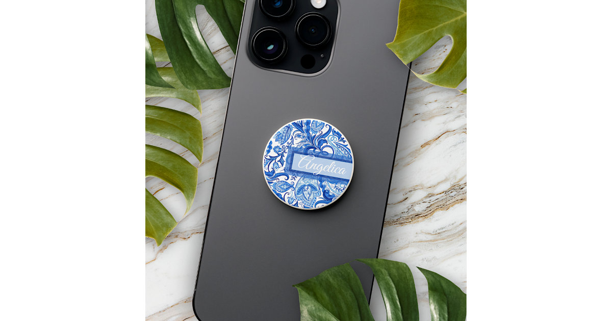 Custom Light Dark Blue White Floral Paisley Art PopSocket | Zazzle