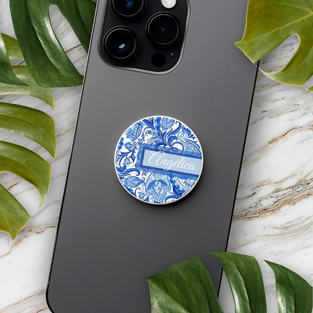 Custom Light Dark Blue White Floral Paisley Art PopSocket (Creator Uploaded)
