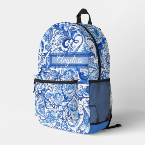 Custom Light Dark Blue White Floral Paisley Art Printed Backpack