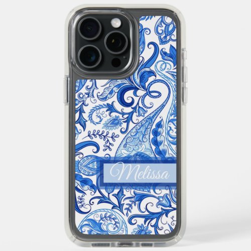 Custom Light Dark Blue White Floral Paisley Art iPhone 15 Pro Max Case