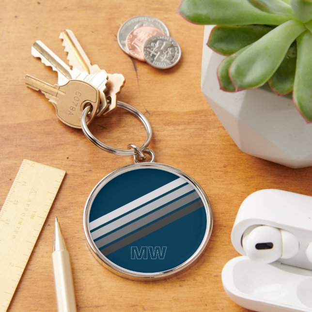 Custom Light Dark Gray Stripes On Dark Blue Keychain (Desk)
