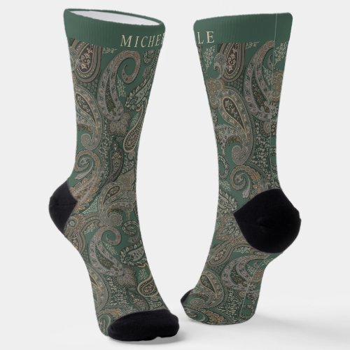 Custom Light Dark Green Grey Paisley Pattern Socks