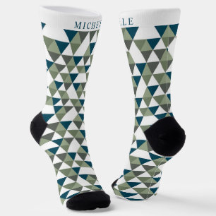 Custom Light Dark Green White Geometric Pattern Socks