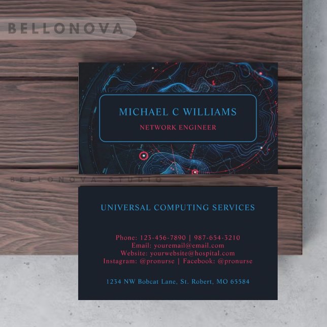 Custom Light Dark Navy Blue Red Circuit  Business Card (Custom Light Dark Navy Blue Red Circuit Business Card)