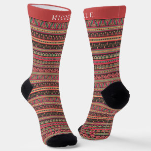 Custom Light Dark Pink Brown Aztec Pattern Socks