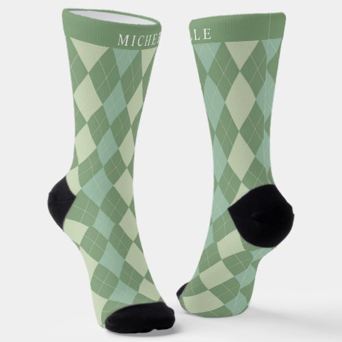 Custom Light Dark Sage Green Argyle Pattern Socks