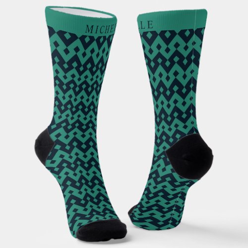 Custom Light Dark Teal Green Geometric Pattern Socks