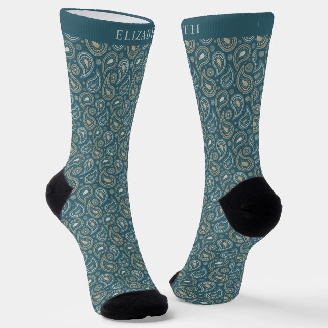 Custom Light Dark Teal Green Paisley Pattern Socks (Angled)