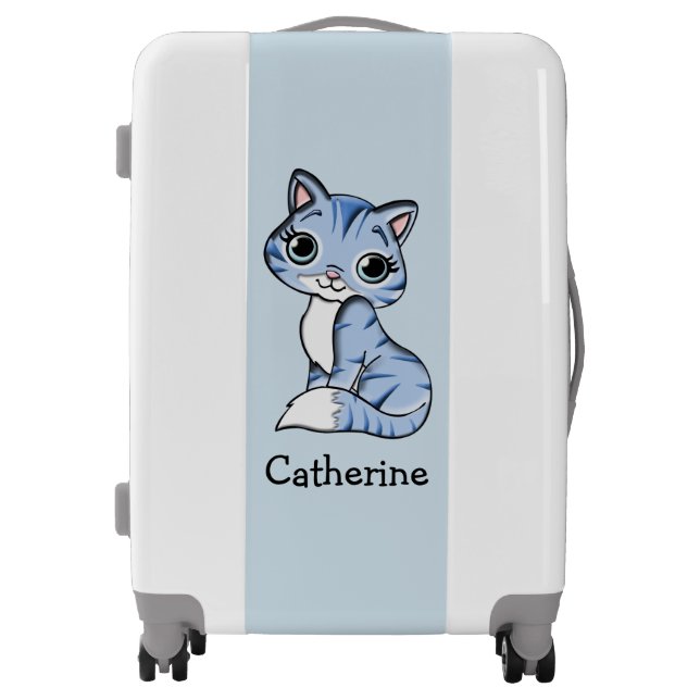 Custom Light Gray Accented Blue Cat with Big Eyes Luggage (Front)