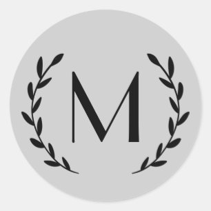 Custom Light Grey Black Laurel Monogram Letter Classic Round Sticker