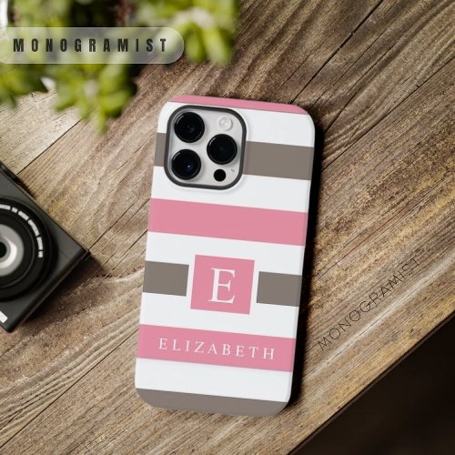 Custom Light Pastel Pink Grey Brown White Stripes  Case_Mate iPhone 14 Pro Max Case