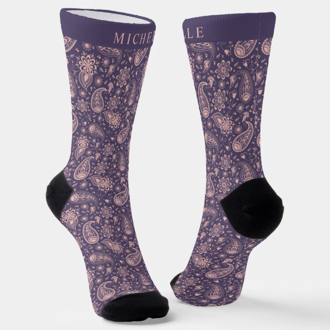 Custom Light Pastel Pink Purple Paisley Pattern Socks (Angled)