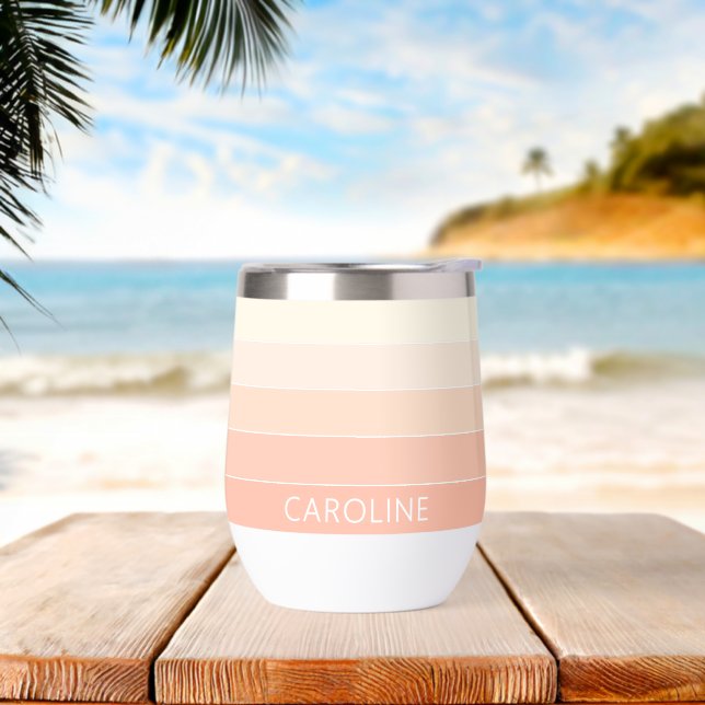 Custom Light Peach Coral Orange Stripes Pattern Thermal Wine Tumbler (Beach)