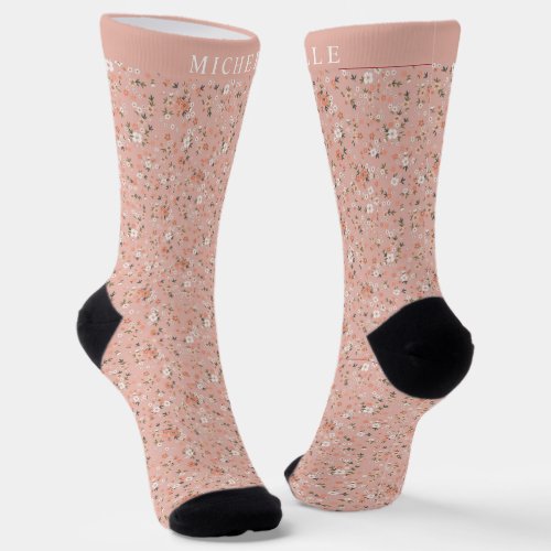 Custom Light Pink Floral White Flowers Pattern  Socks