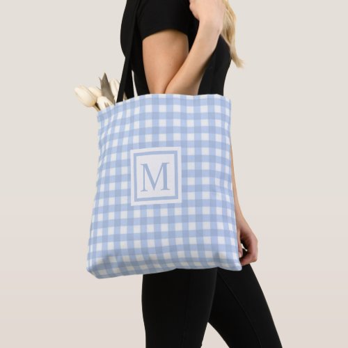 Custom Light Soft Blue White Checkered Pattern Tote Bag