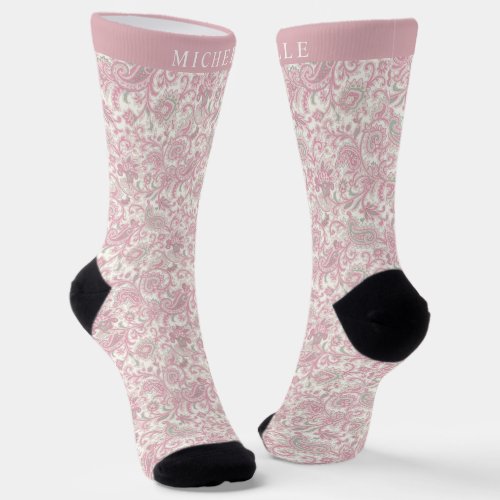 Custom Light Soft Pastel Pink White Paisley Patter Socks