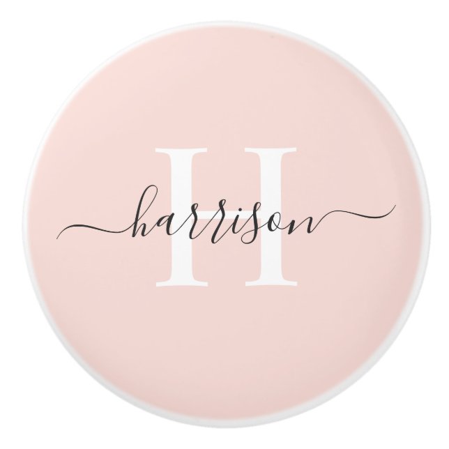 Custom Light Soft Pastel Solid Pink White Monogram Ceramic Knob (Front)