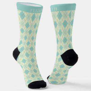 Custom Light Soft Pastel Teal Green Argyle Pattern Socks