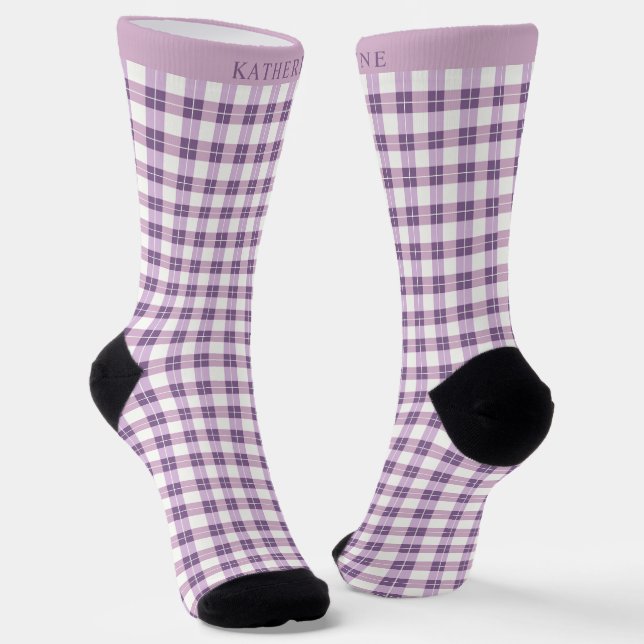 Custom Light Soft Pink Dark Purple Checkered  Socks (Angled)