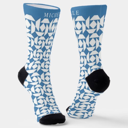 Custom Light Steel Blue White Geometric Pattern Socks