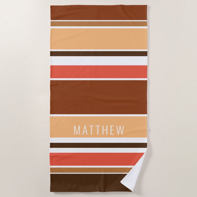Custom Light Tan Coral Red Dark Brown Stripes Beach Towel (Front)