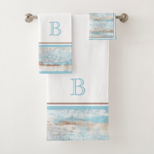 Custom Light Teal Aqua Blue Taupe White Stripes Bath Towel Set