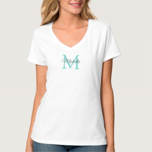 Custom Light Teal Monogram Initial Womens V_Neck T_Shirt