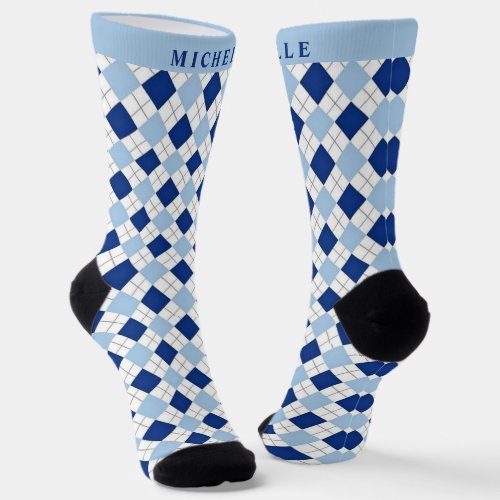 Custom Light White Dark Blue Argyle Pattern Socks