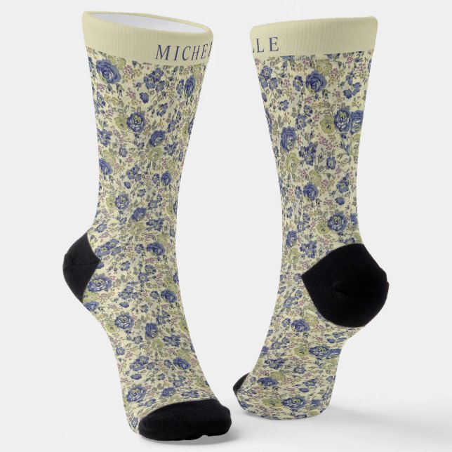 Custom Light Yellow Floral Blue Green Flowers  Socks (Angled)