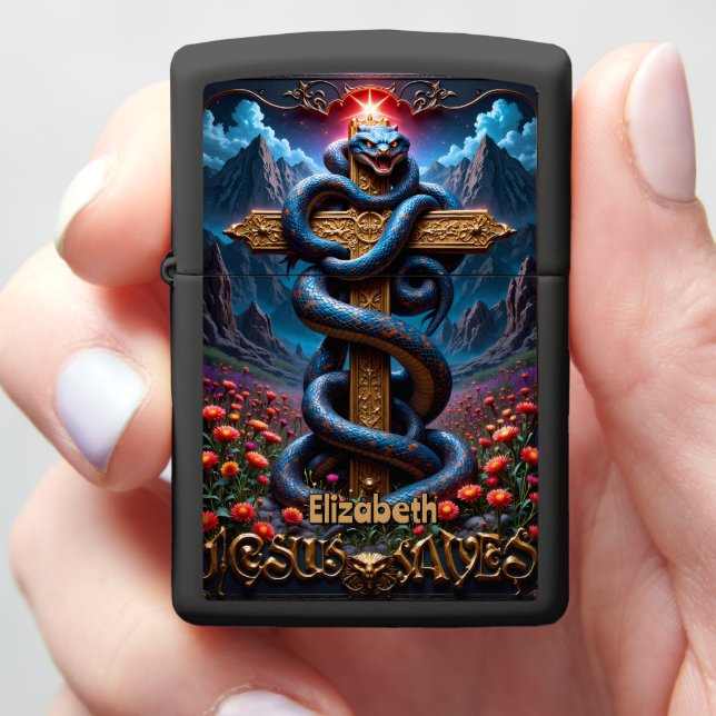 Custom Lighter: Ornate Gold Cross and Blue Serpent Zippo Lighter (In Hand)