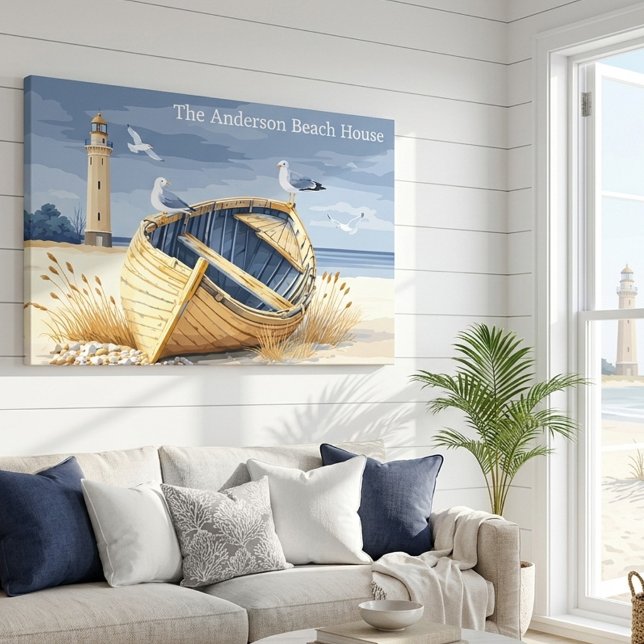 Custom Lighthouse Rowboat Coastal Beach House Canvas Print (Summer beach house wrapped canvas featuring a boat on a beach with lighthouse and seagulls)